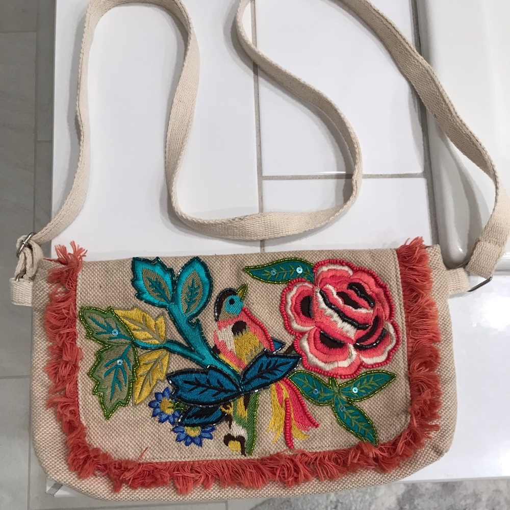Embroidered beaded floral bird purse